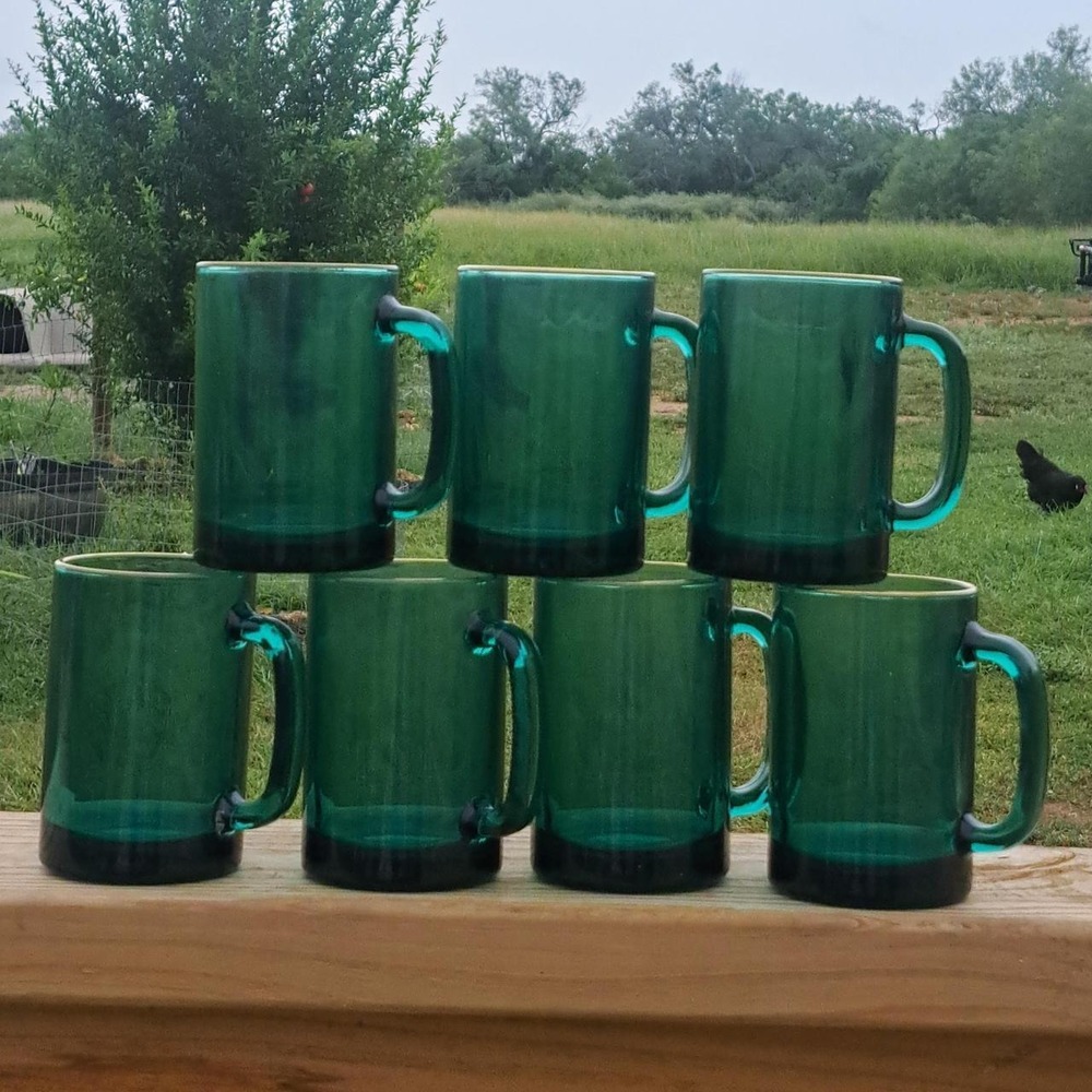 Vintage Emerald Green Glass Mugs Gold Rim Beer Stein Set of 7 Mid Century Modern